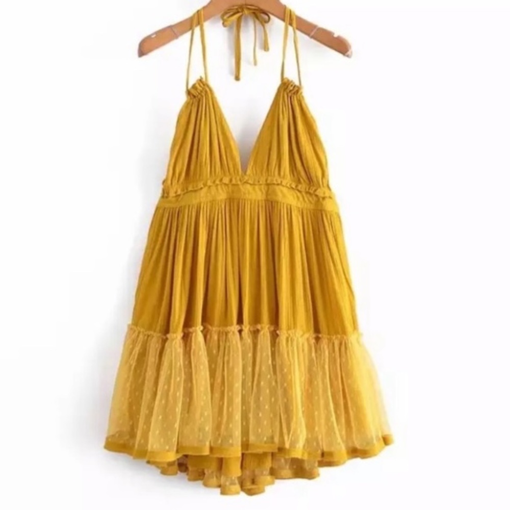 SOLD OUT Mustard Swiss Dot Mesh Ruffle Halter Mini Dress - Picture 5 of 10